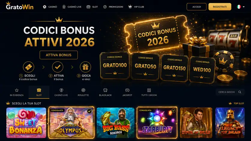 Codici bonus GratoWin attivi nel 2026: GRATO100, GRATO50, GRATO150 e WED100