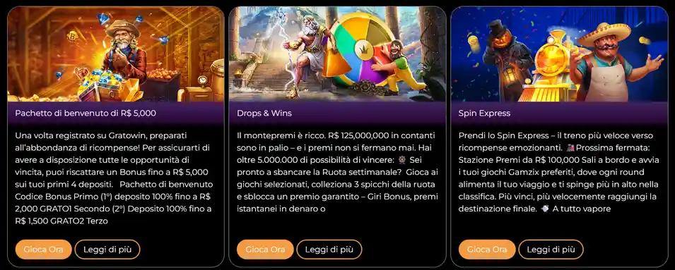Panoramica dei bonus disponibili su GratoWin: 7 euro gratis, 50 giri e codice promo