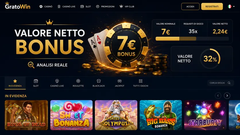 Analisi del valore netto del bonus GratoWin 7 euro con calcolo del wagering 50x